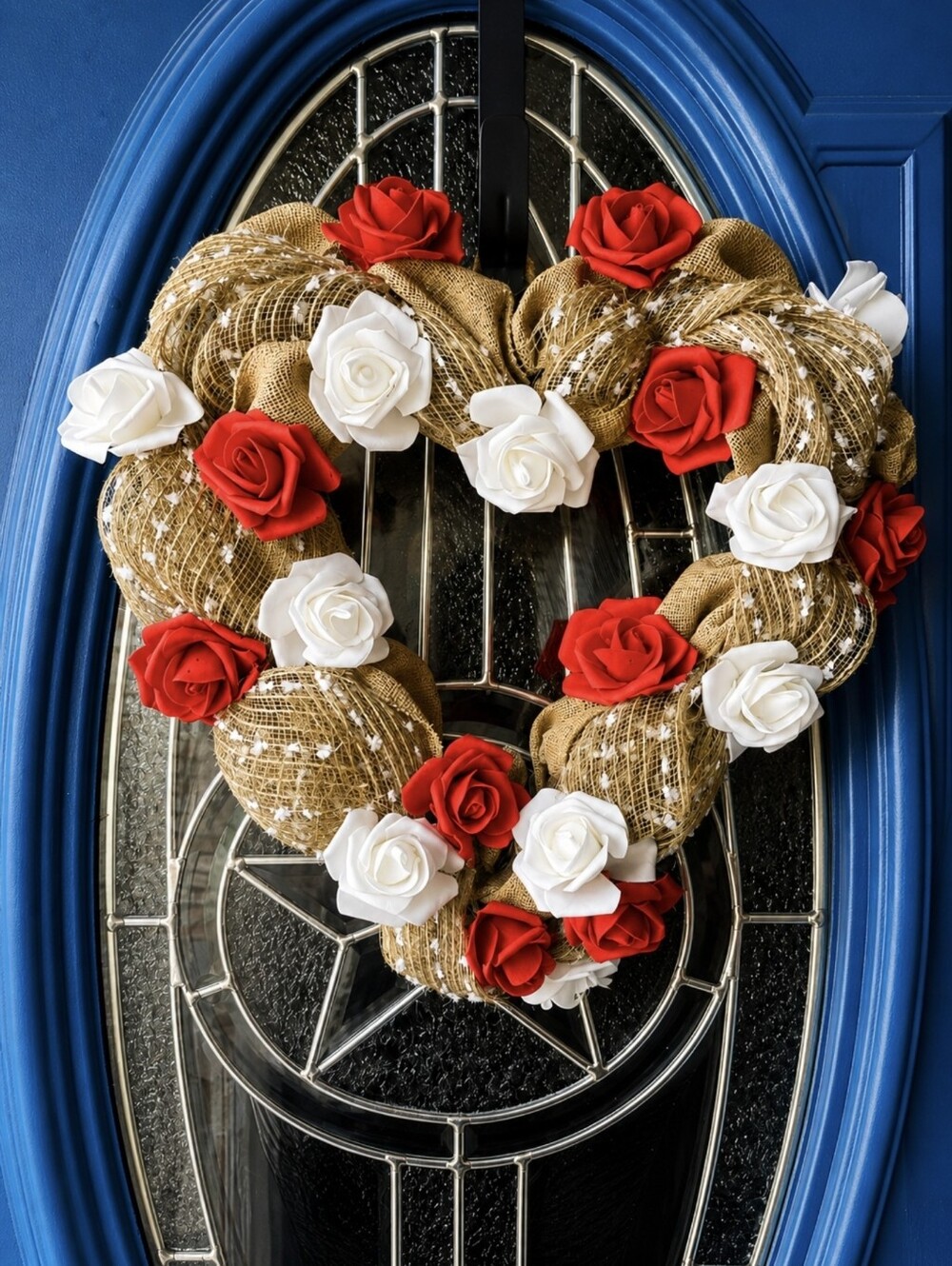 Festive Burlap Heart Wreath with Red and White Roses